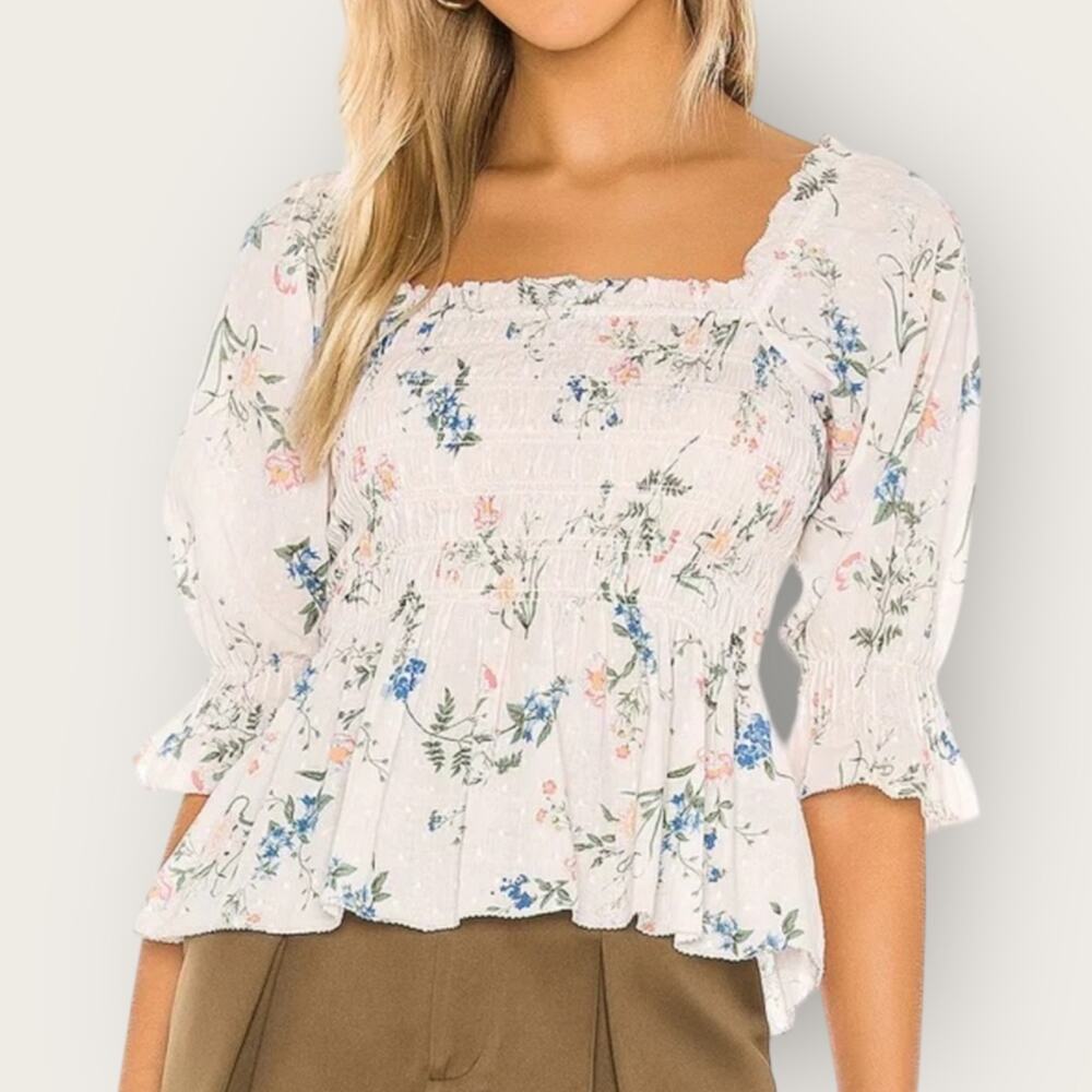 Saylor Clover Smocked Blouse | Medium Pink Floral Puff Sleeve Romantic Feminine